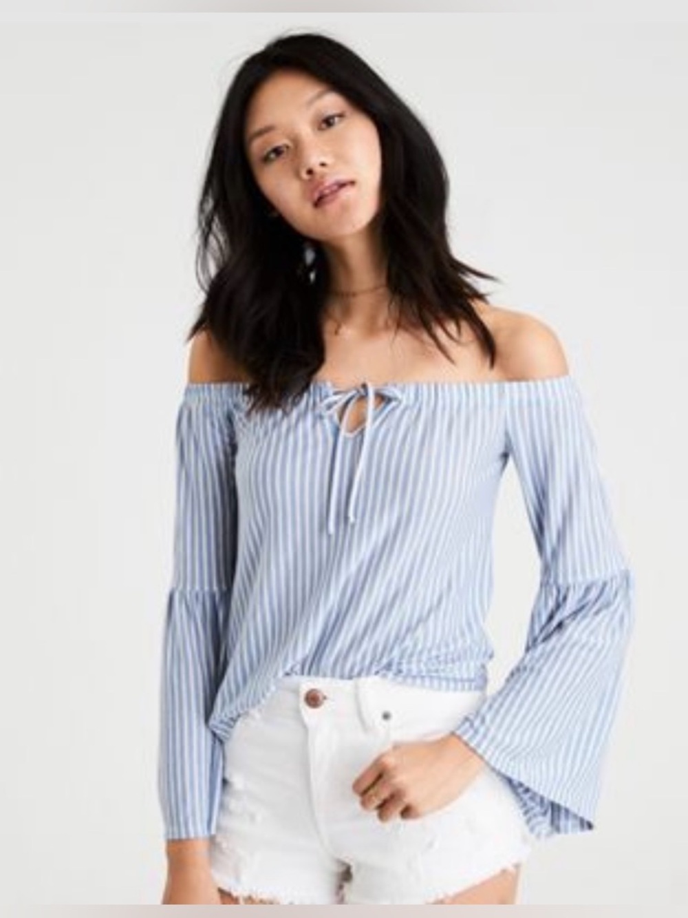 American Eagle Outfitters Blue and White Bell Sleeve Crop Blouse